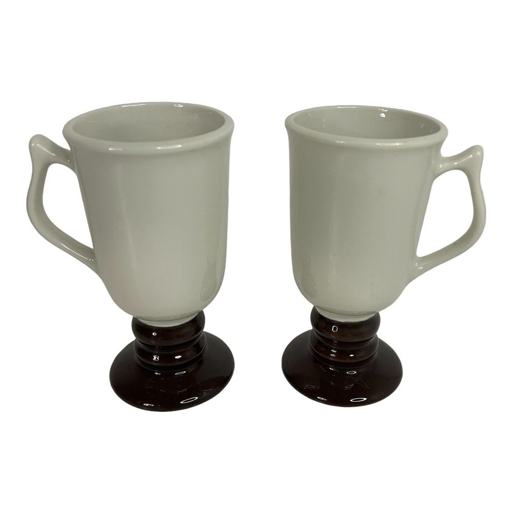 Pair of Hall Irish Coffee Cup Mug Footed Pedestal Brown Cream #1273 USA Vtg 70s
